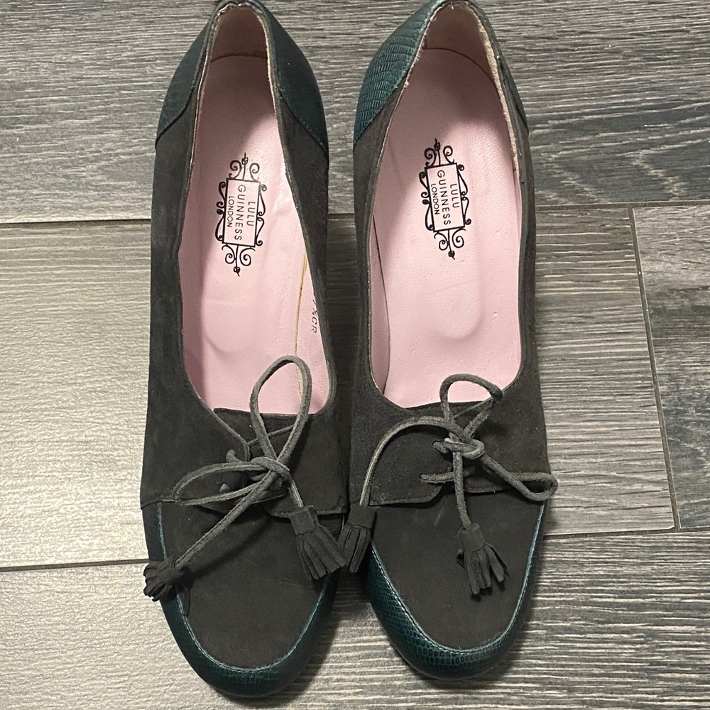 Lulu Guinness London Sz 37 Drk Green Leather and Suede Lace Up 3” Heels Shoes